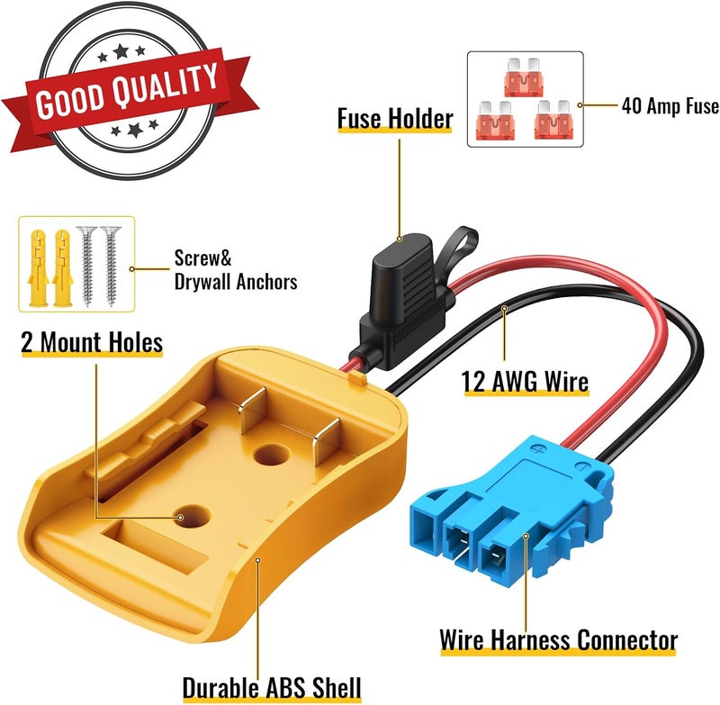 Azocek for Power Wheel Adapter Compatible with Dewalt 20V Battery with Wire Harness Connector Compatible with Peg-Perego 12V Children Ride-on Car, 12AWG Wire with 40A Fuse - Image 2
